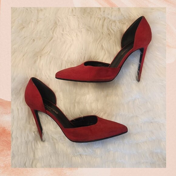 Saint Laurent Red Soft Suede D'Orsay Stiletto Pump Heels - Picture 1 of 7